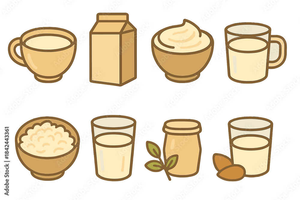Obraz premium Various dairy and non-dairy products displayed in different containers and cups on a neutral background