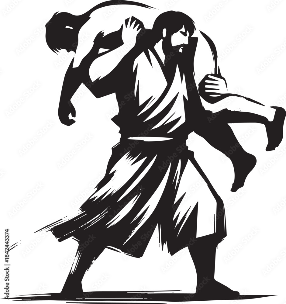 Fototapeta premium Monochrome sumi-e style illustration featuring a man carrying an