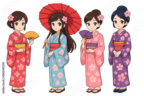 Four young Japanese women wearing traditional colorful kimonos holding fans and a red umbrella