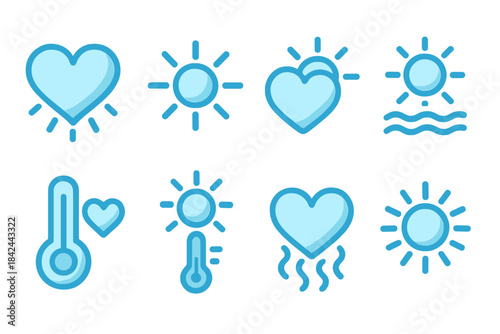 Simple blue line icons featuring sun, heart, and thermometer symbols for climate and emotional warmth