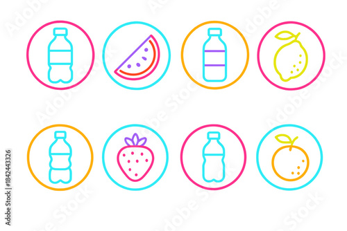 Colorful beverage and fruit icons on a bright background perfect for summer themes