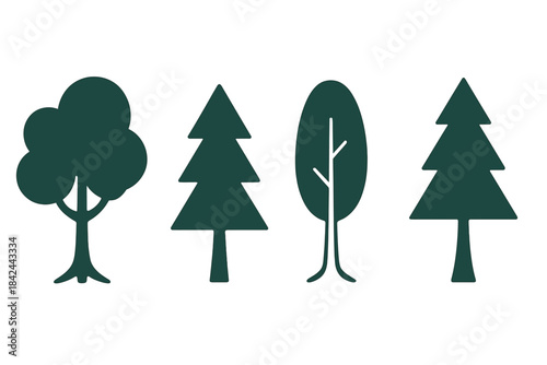 Four simple stylized dark green tree silhouettes in various shapes