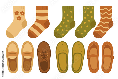 Detailed collection of patterned socks and various casual footwear including loafers and slippers in warm earthy tones