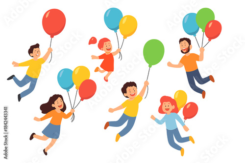 Joyful diverse people floating high in the sky holding bright colorful balloons celebrating happiness