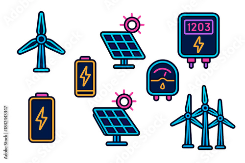 Colorful icons of renewable energy sources including wind turbines, solar panels, and batteries on a white background