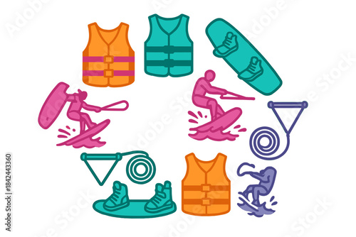 Fun water sports gear and activities in a colorful summer design with wakeboarding and kayaking elements