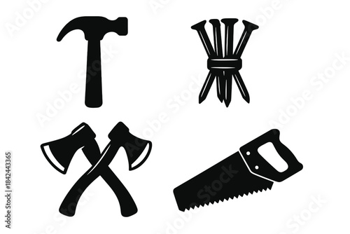 Essential construction and carpentry tools including hammer, nails, crossed axes, and handsaw