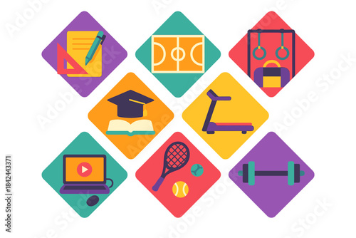Collection of icons representing education, sports, fitness, and digital lifestyle activities