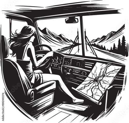 Woman's solo adventure: RV road trip with map, minimalist illust
