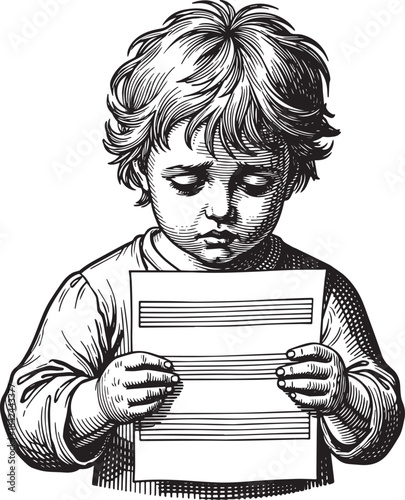 Engraved illustration of sad child holding sheet music with a me