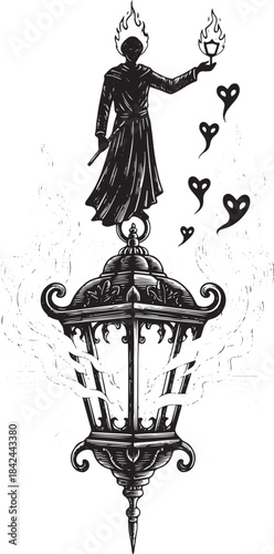Engraved illustration of ghostly figure and ornate vintage lante