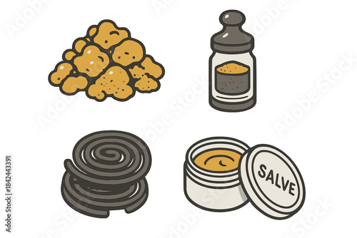 Different types of natural remedies and traditional medicines displayed together on a simple background