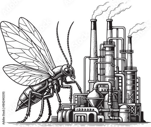 Engraved Illustration: Insect Confronting Industrial Complex Pol
