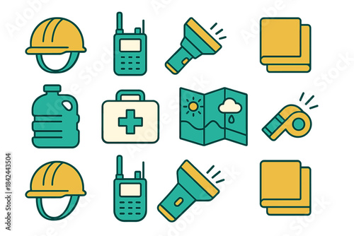 Safety and emergency preparedness icons for outdoor activities and disasters