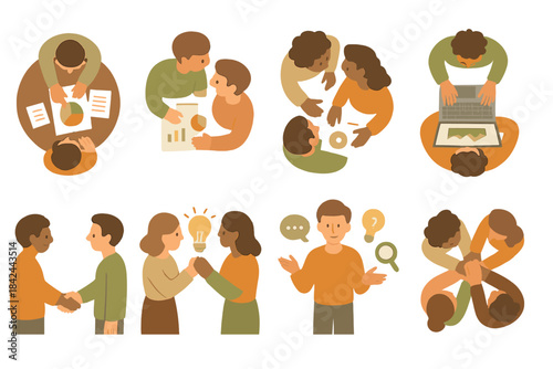 Diverse business professionals working together in various team settings and corporate environments