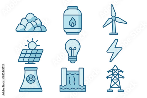 Global energy sources, power generation, and electricity transmission symbols