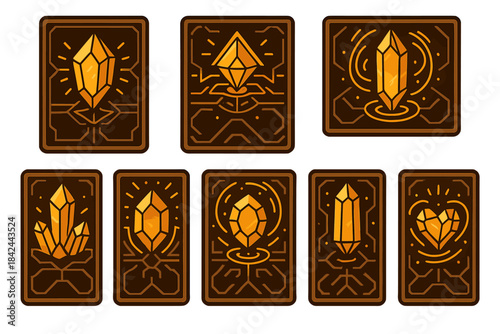 Collection of eight decorative cards featuring glowing crystal designs in a mystical theme on dark backgrounds