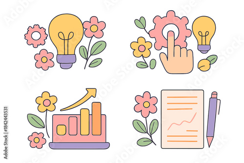 Creative business concepts represented by icons for ideas, growth, process, and documentation