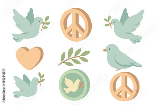 Peace and love symbols set featuring doves, olive branches, and modern 3D icons