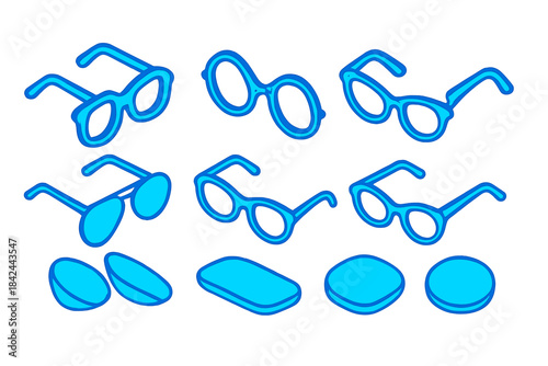 Isometric icon set of blue eyeglasses, sunglasses, and contact lenses for vision correction