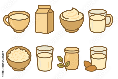 Different kinds of dairy and non-dairy milk products displayed in a simple and colorful arrangement