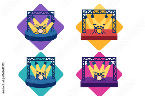 Colorful music stage designs featuring drum set and bright lighting elements for events or concerts