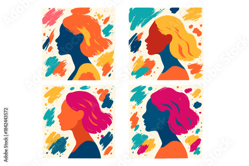 Four abstract female profile portraits with vibrant colorful paint strokes background