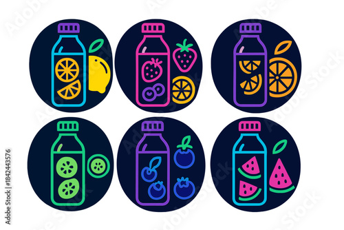 Colorful neon set of fruit detox water and healthy juice drinks in bottles