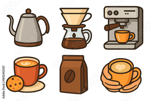 Set of coffee icons featuring brewing tools, espresso machine, coffee bag, and hot drinks