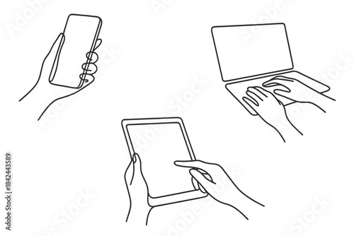 Hands using smartphone, tablet, and laptop in a modern digital environment during a busy workday