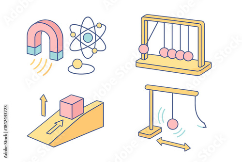 Educational science illustrations depicting basic physics concepts for students and educators