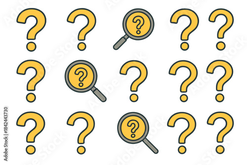 Colorful question marks and magnifying glasses create a playful pattern suitable for brainstorming sessions or educational tools