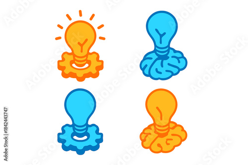 Colorful icons featuring lightbulbs, brains, and gears representing creative thinking and innovation