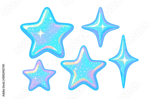 Bright blue and cyan holographic stars and magical sparkles with glitter effect isolated on white