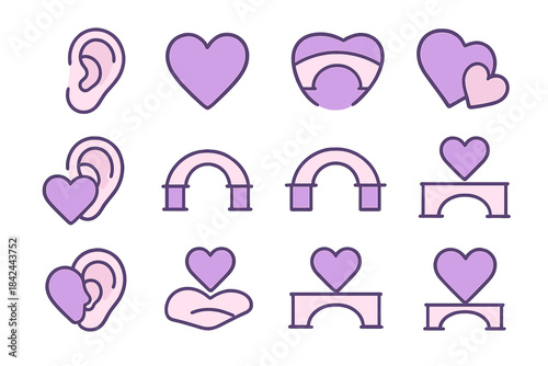 Collection of simple purple icons featuring hearts, rainbows, and ears arranged in a grid layout