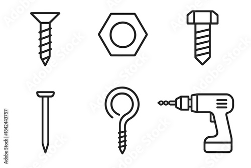 Detailed collection of various hardware fasteners and tools on a simple background for construction and DIY projects