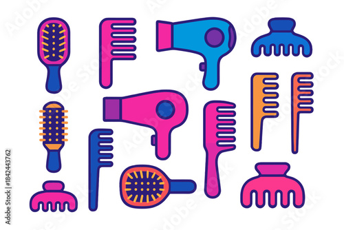 Colorful hair styling tools arranged in a fun and playful pattern