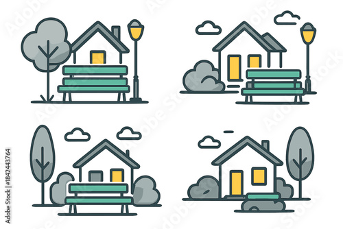 Stylized collection of residential homes, park benches, trees, and street lamps