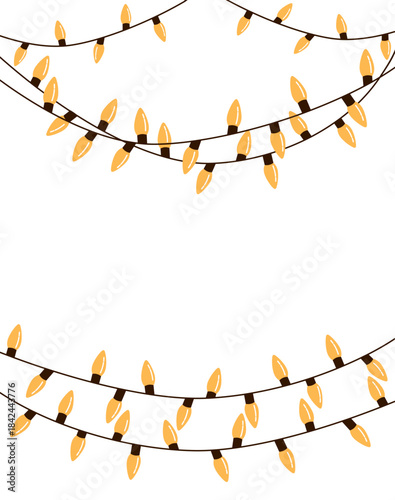 Cartoon vector illustration of a group of glowing yellow light strings on a vertical background. Clip art for party decorations