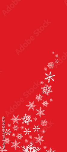 Cartoon vector illustration of a decorative snowflakes swirl on a vertical red background. Background for Christmas themes or winter holidays