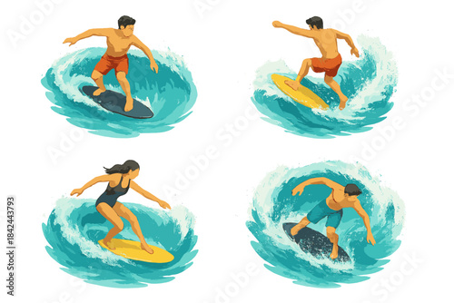 Surfers enjoying waves in various styles at a tropical beach during sunny weather
