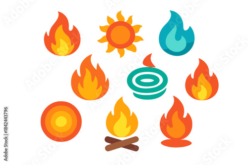 Various stylized icons and symbols representing fire, flame, heat, sun, and energy
