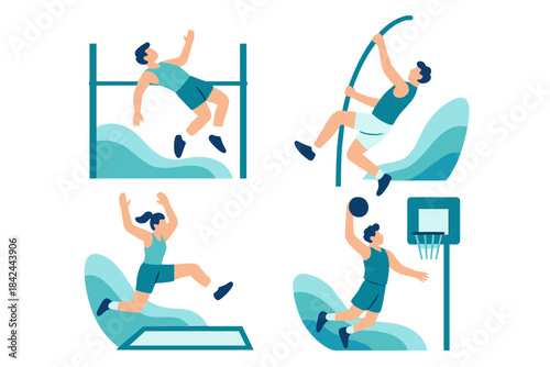 Athletes competing in high jump, pole vault, long jump, and basketball sports set