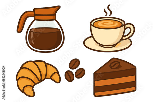 Breakfast and coffee items set with glass pot, steaming cup, fresh croissant, and chocolate cake slice