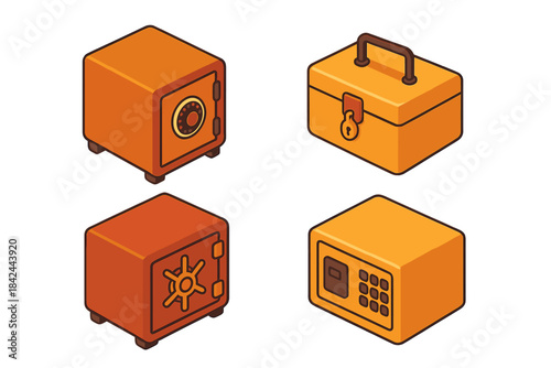 Various isometric security containers including traditional dial safes and modern digital strongboxes