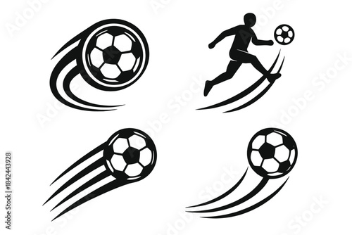Dynamic soccer illustrations showcasing ball movement and player action in a stylized graphic design