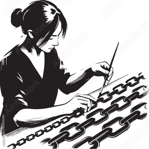 Focused woman connects chain links meticulously in minimalist Su
