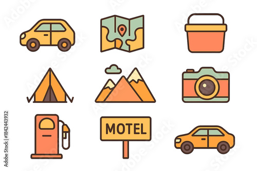 Camping trip essentials for outdoor adventures including a map, camera, and campsite items