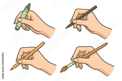 Four hands holding essential art and writing instruments: crayon, pencil, marker, and paintbrush