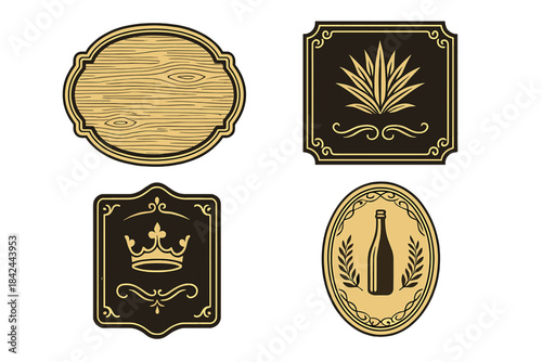 Designs of vintage labels showcasing various decorative elements and symbols for a rustic beverage brand